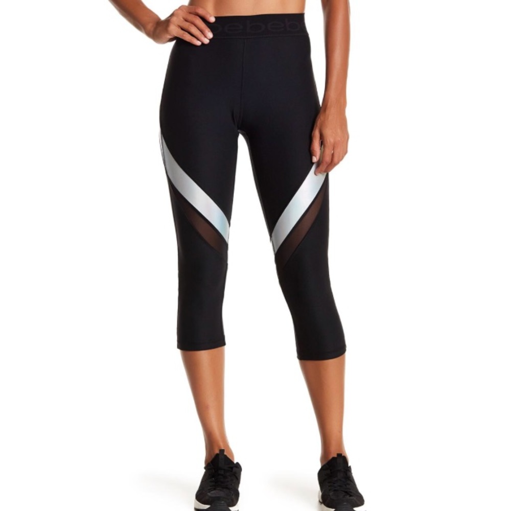 Bebe Metallic and Mesh Panel Capri Leggings